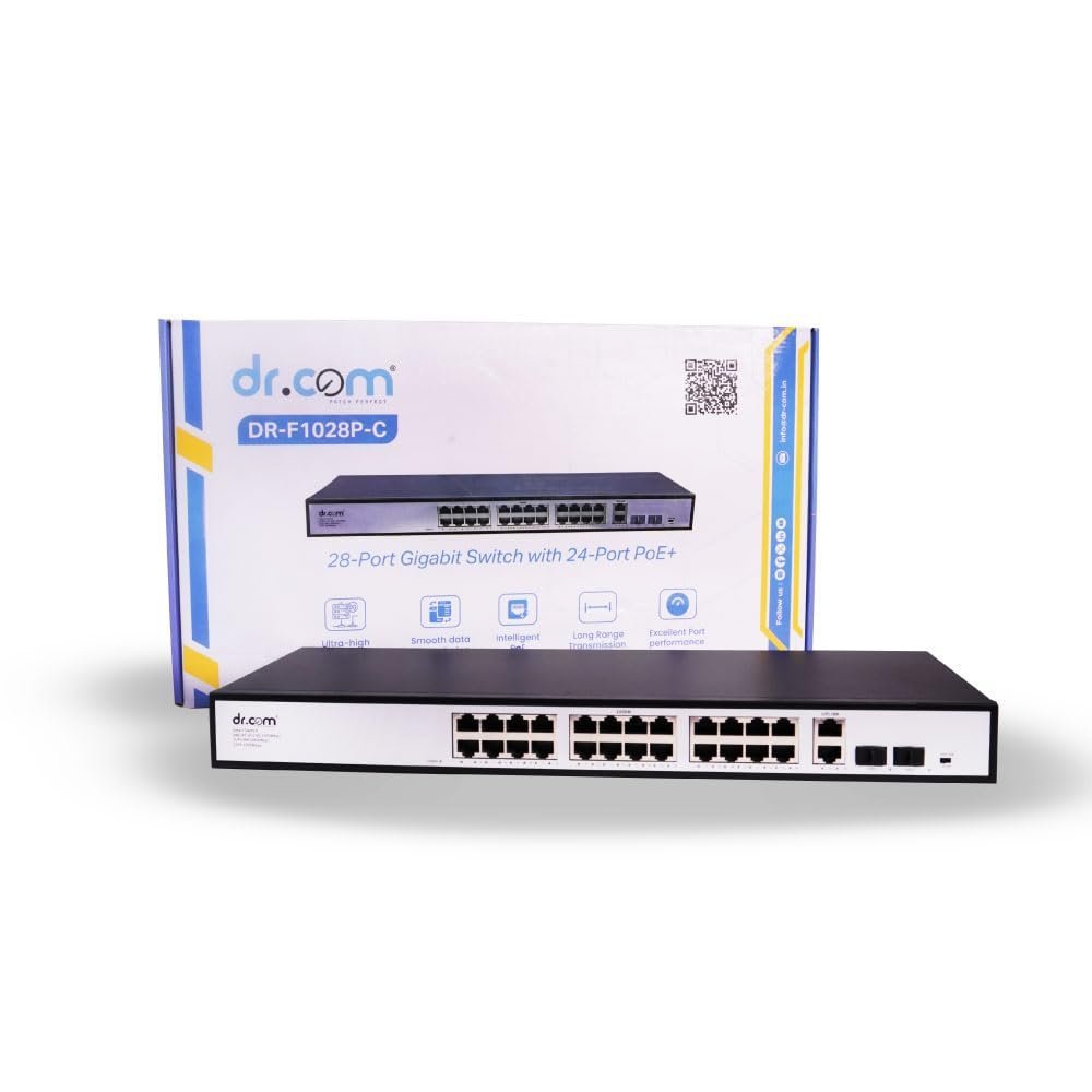 dr.com® 28 Port Gigabit PoE Switch with 24 PoE Ports 2 Uplink Ports and 2 SFP Slots 10/100/1000 Mbps 320W Power IEEE 802.3af/at Network Switch for CCTV IP Camera Rackmount Metal Body Black - Image 2