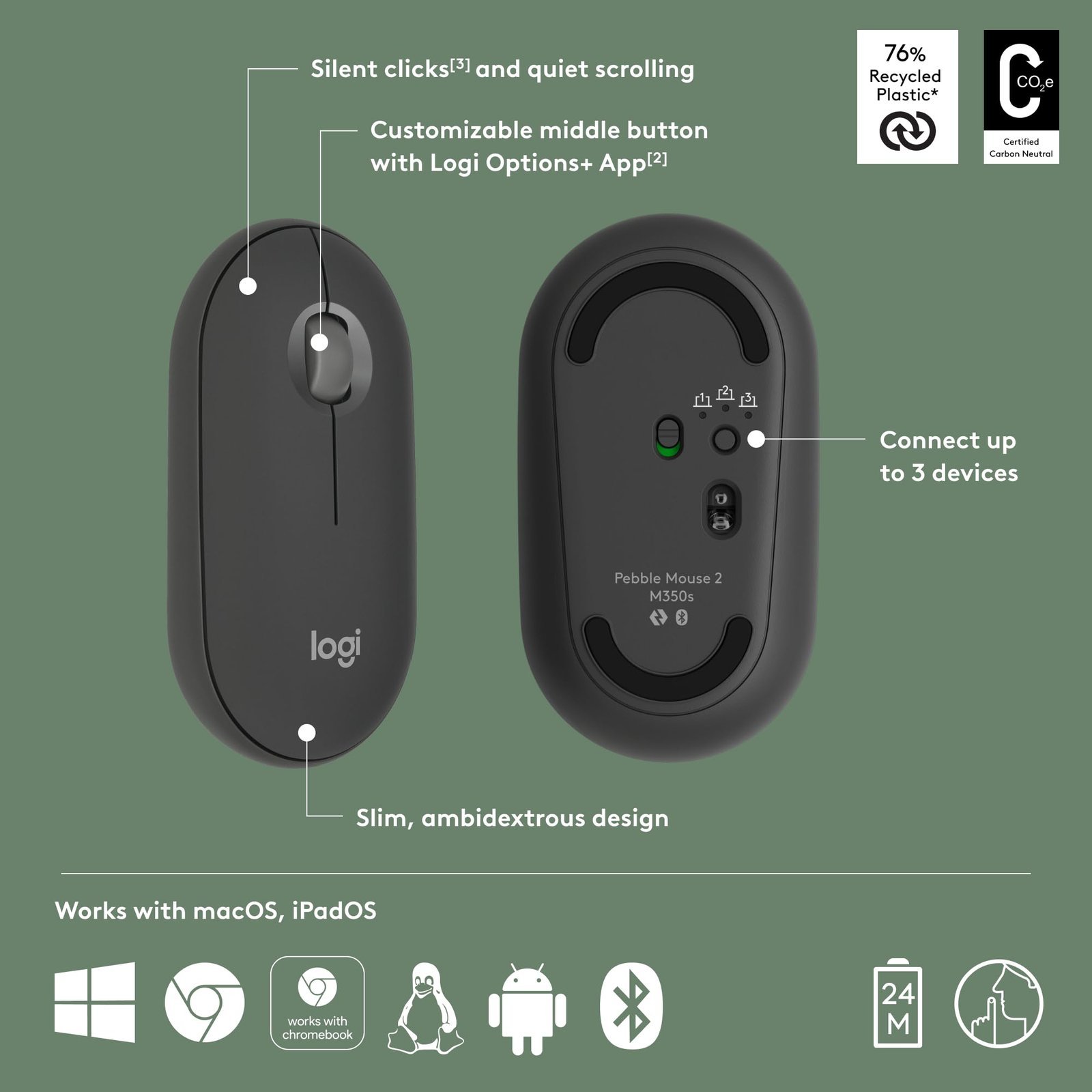 Logitech Pebble Mouse 2 M350s Slim Bluetooth Wireless Mouse, Portable, Lightweight, Customisable Button, 4000 DPI, Quiet Clicks, Easy-Switch for Windows, macOS, iPadOS, Android - Tonal Graphite - Image 6