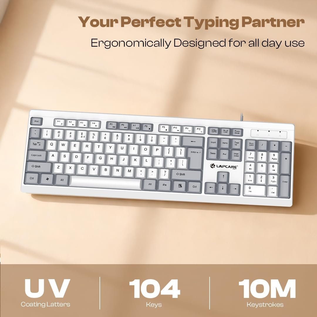 LAPCARE USB Alfa Keyboard 7 Wired Membrane Keyboard | 104-Key US Layout | UV Coated Keycaps | Ergonomic Design | Quiet & Durable Membrane Build | 1-Year Warranty (LOX-106) - Image 5