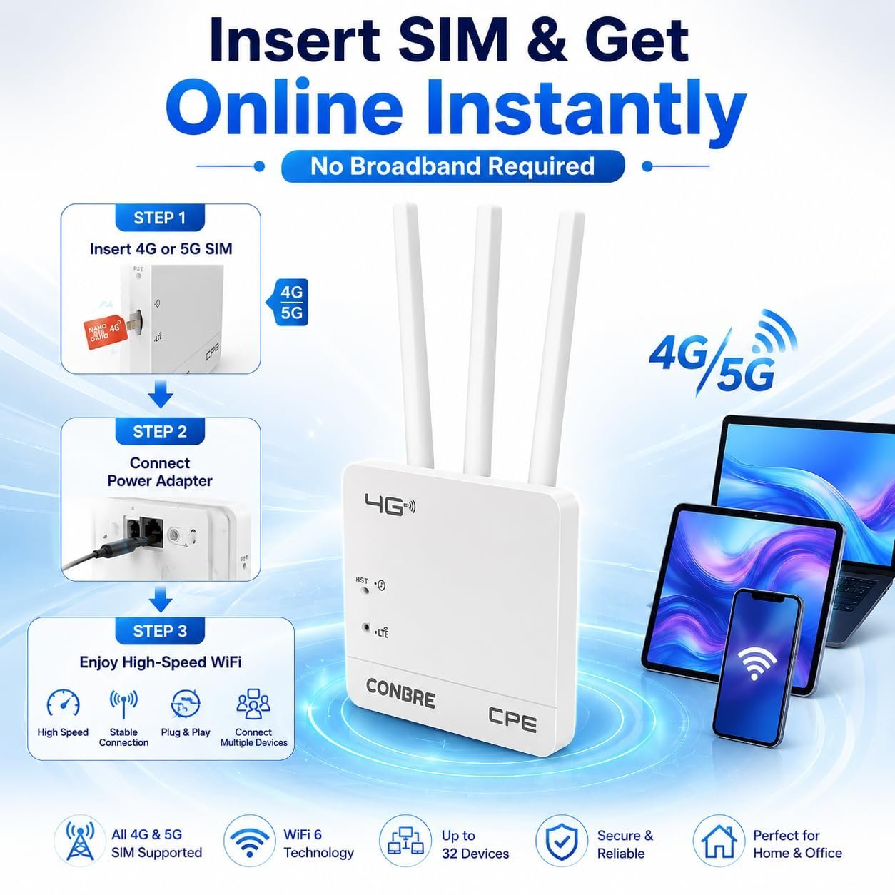Conbre CPE MT-300H 4G SIM WiFi Router, WiFi 6, Supports All 4G & 5G SIM Cards, Plug & Play, Single LAN Port, Compatible with CCTV Camera, NVR, DVR, Home & Office - Image 4