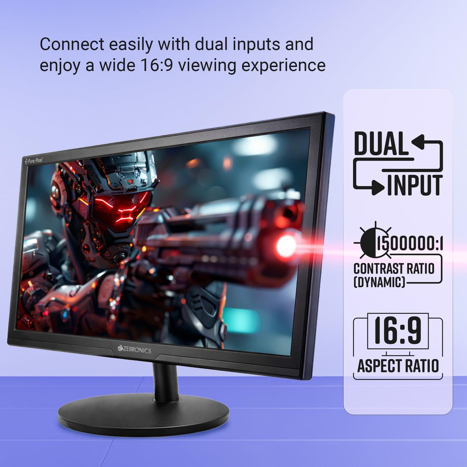 ZEBRONICS LED Monitor, 20 inch, HD+ 1600×900, 16:9 Aspect Ratio, 16.7M Colors, HDMI & VGA, Wall Mountable (EV20) - Image 5