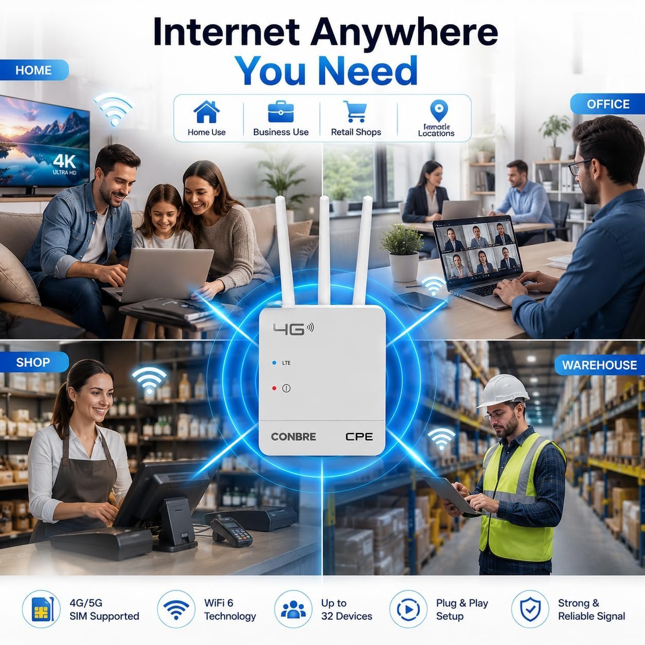 Conbre CPE MT-300H 4G SIM WiFi Router, WiFi 6, Supports All 4G & 5G SIM Cards, Plug & Play, Single LAN Port, Compatible with CCTV Camera, NVR, DVR, Home & Office - Image 8