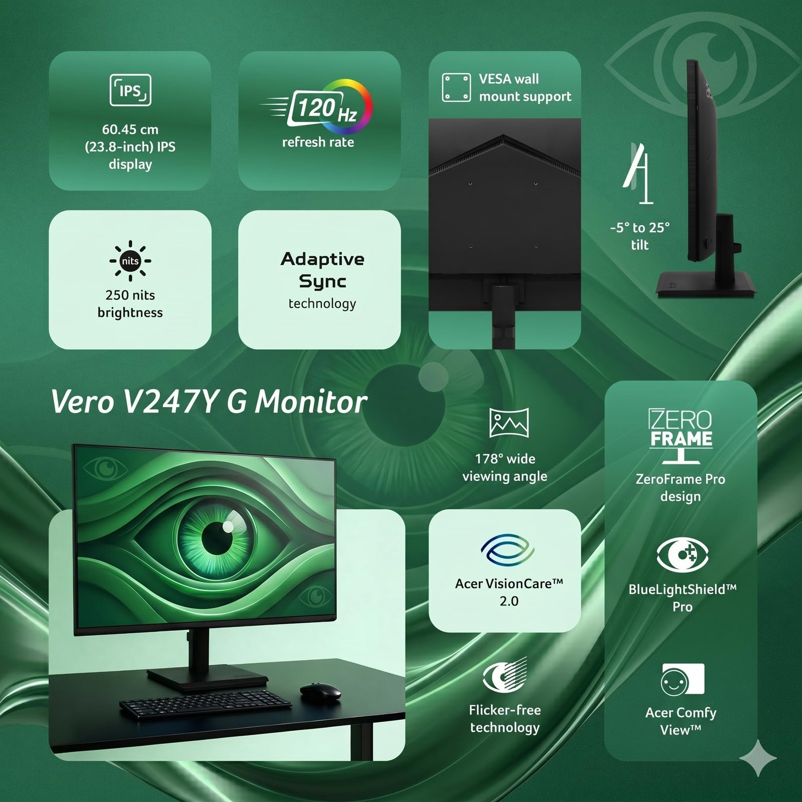 Acer Vero V247Y G 23.8 Inch Full HD IPS Monitor I 120Hz Refresh, AdaptiveSync I 99% sRGB, 1500:1 Contrast I 2x2W Speakers I HDMI +VGA I ZeroFrame I VisionCare 2.0 I VESA I Energy Star I Black - Image 2
