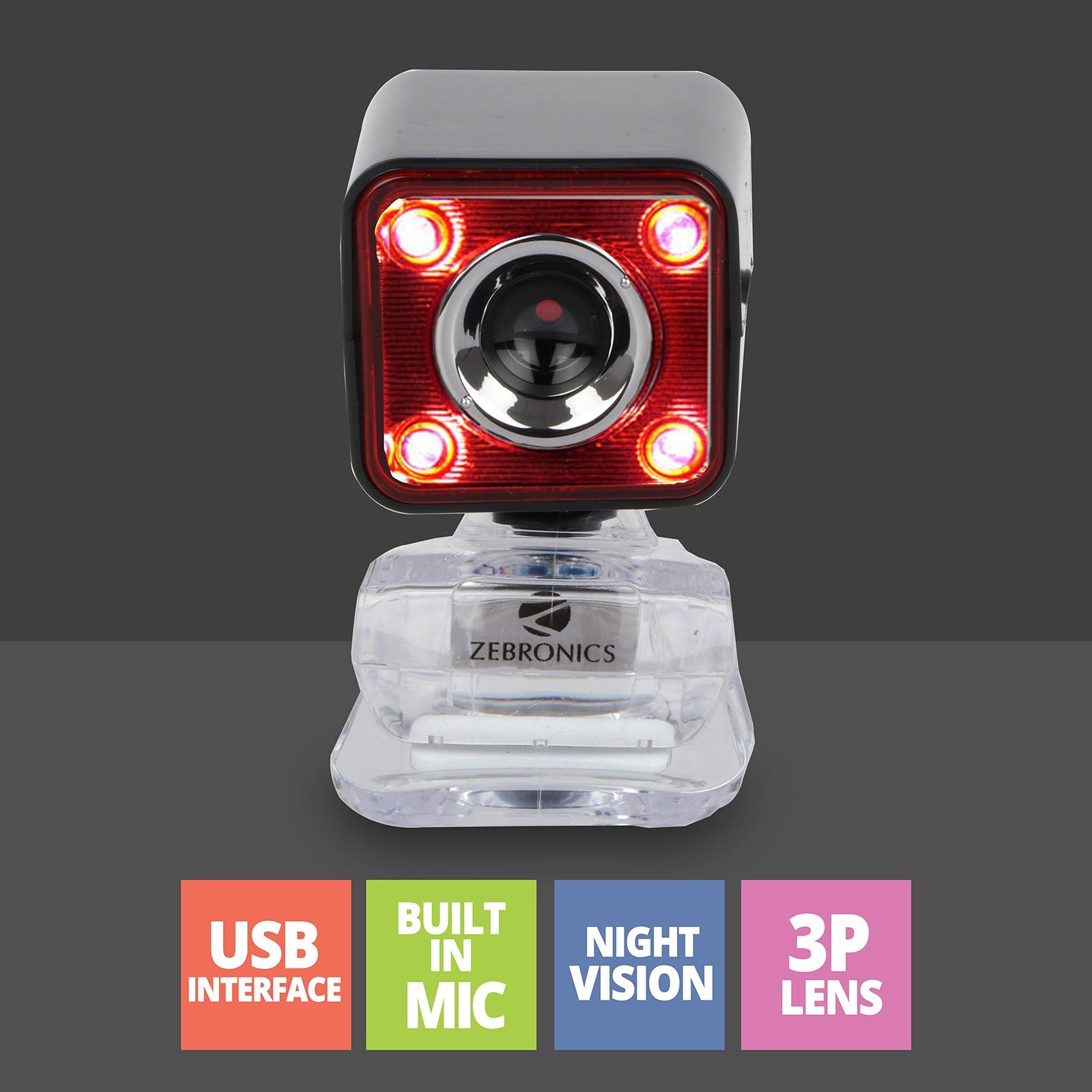 Zebronics Zeb-Crystal Pro Web Camera with USB Powered,3P Lens,Night Vision and Built-in Mic(RED) - Image 6
