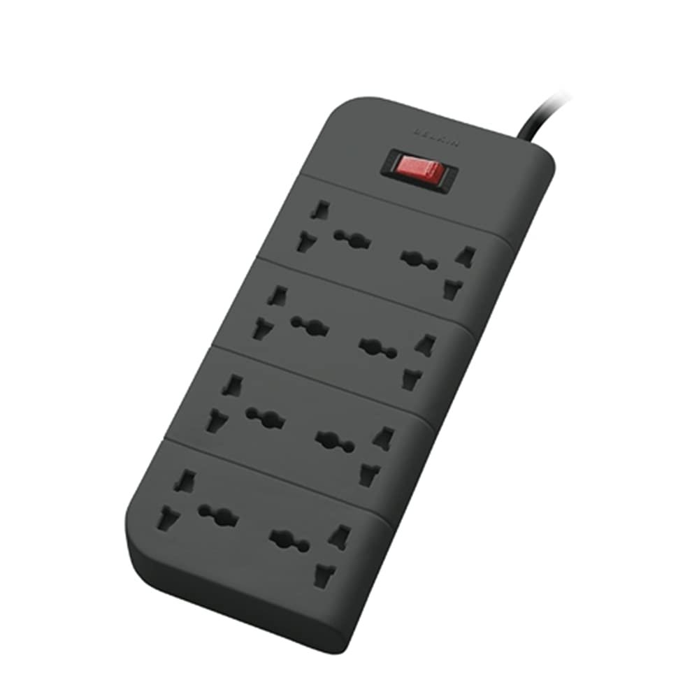 8-Socket Extension Board with Surge Protector Universal Socket with 6.5Ft (2-Meter) Heavy Duty Cable Overload Protection, Comes with 5 Years Manufacturer Warranty, Grey Color, 220 Volts