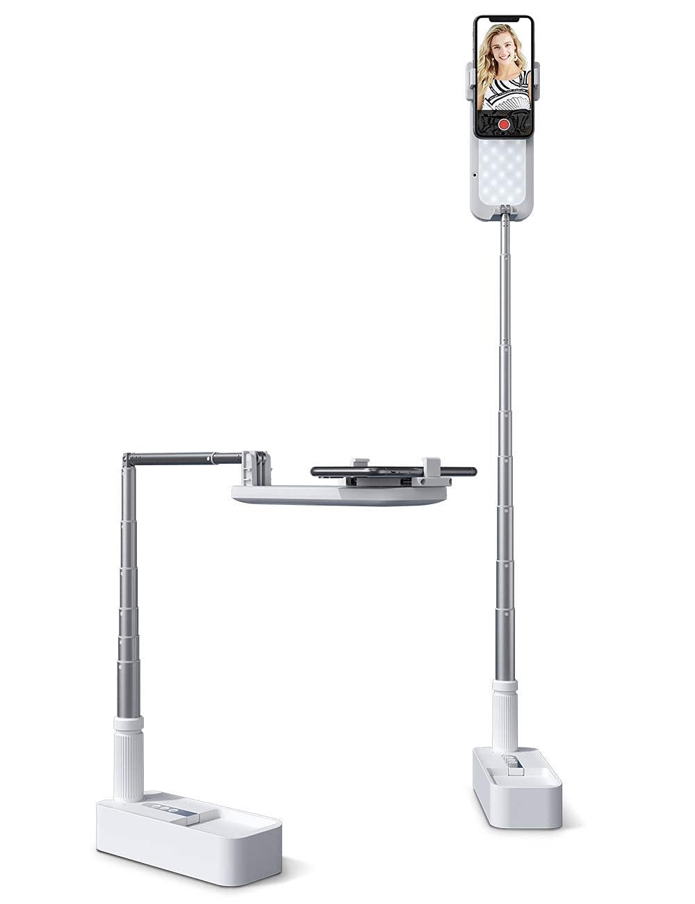 Adjustable Phone & Tablet Stand with LED Fill Light, 360° Rotating Holder, Height Adjustable Desk Mount for Live Streaming, Video Recording, Online Classes & Content Creation