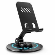 Ergo 360° Alloy Mobile Stand for Desk, Foldable Design with Stable Rotational Metallic Round Base, Multiple Height & Angle adjustments for Smartphones, Tablets & iPad (Black)