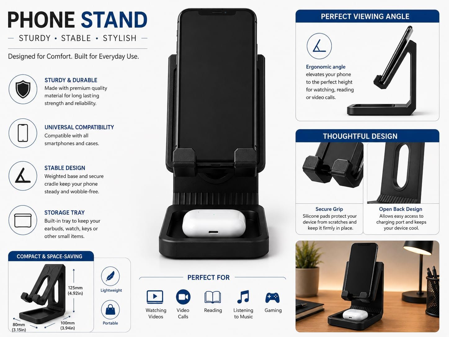 Phone Stand for Desk, Universal Mobile Holder with Storage Tray for Earbuds, Compatible with All Smartphones – Black - Image 3