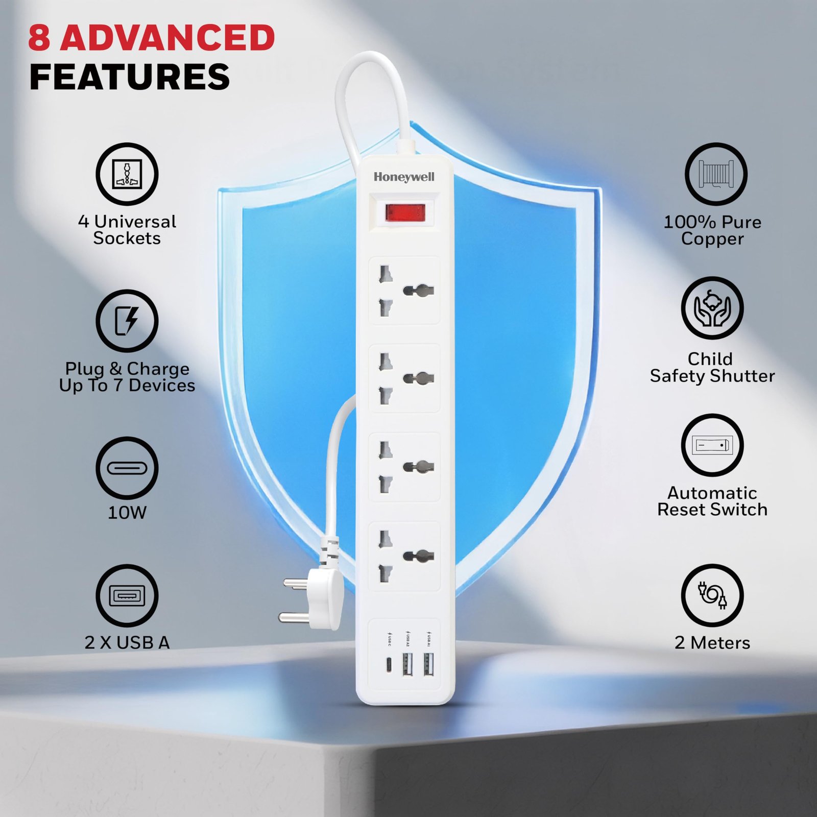 4 Outlet Extension Board with Master Switch, 6 Amps, 250V, 1xType C & 2xUSB, 4 International Sockets, Pure Copper, 6 Advanced Safety Features, 2 Mtr Power Cord, BIS Certified, 1 yr Warranty - Image 2