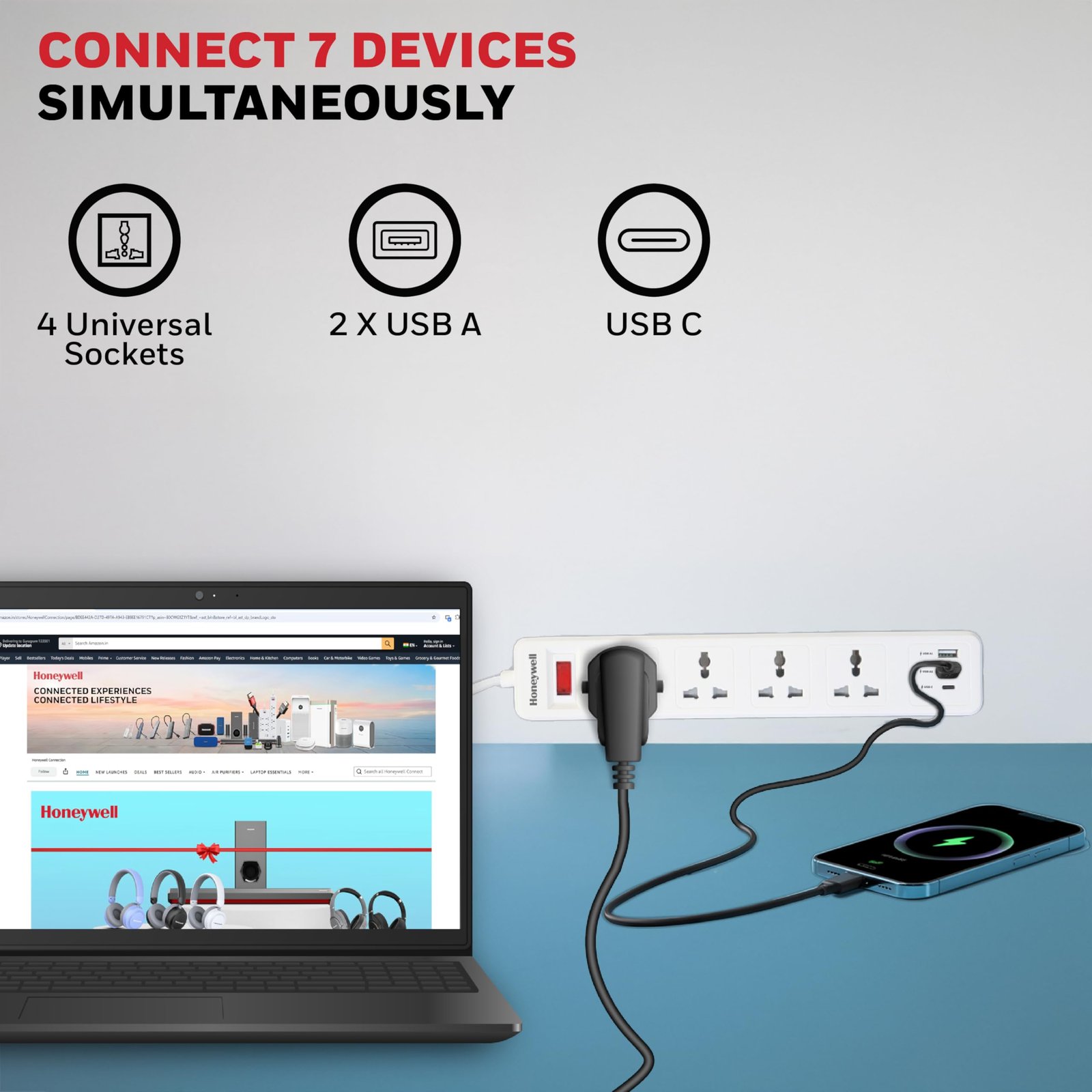 4 Outlet Extension Board with Master Switch, 6 Amps, 250V, 1xType C & 2xUSB, 4 International Sockets, Pure Copper, 6 Advanced Safety Features, 2 Mtr Power Cord, BIS Certified, 1 yr Warranty - Image 4