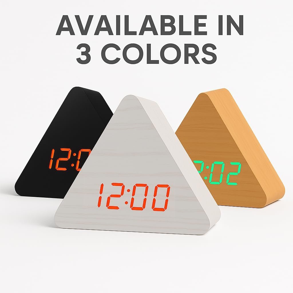 Black Wooden Triangle Digital Alarm Clock with LED Display, Temperature Date Display, Green Numbers, USB Included, Battery Backup for Home & Office - Image 3