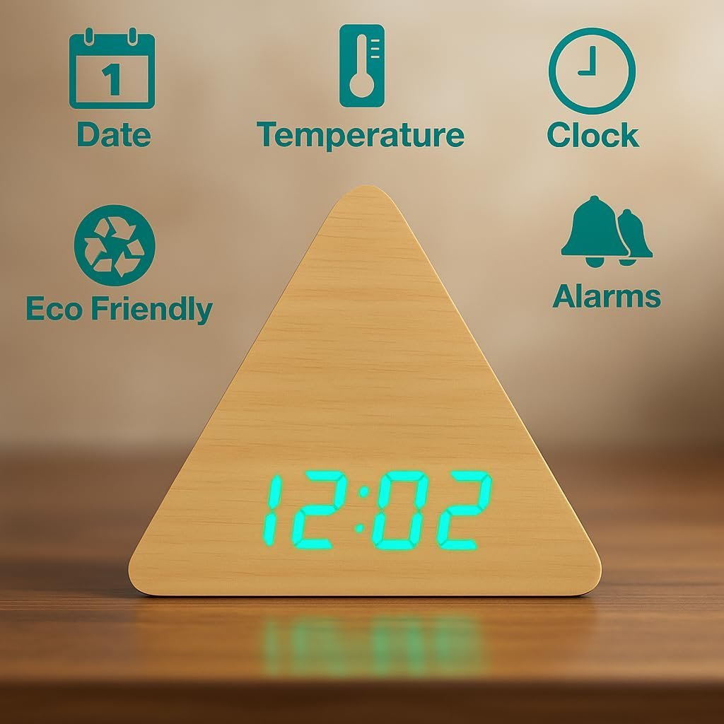 Black Wooden Triangle Digital Alarm Clock with LED Display, Temperature Date Display, Green Numbers, USB Included, Battery Backup for Home & Office - Image 6