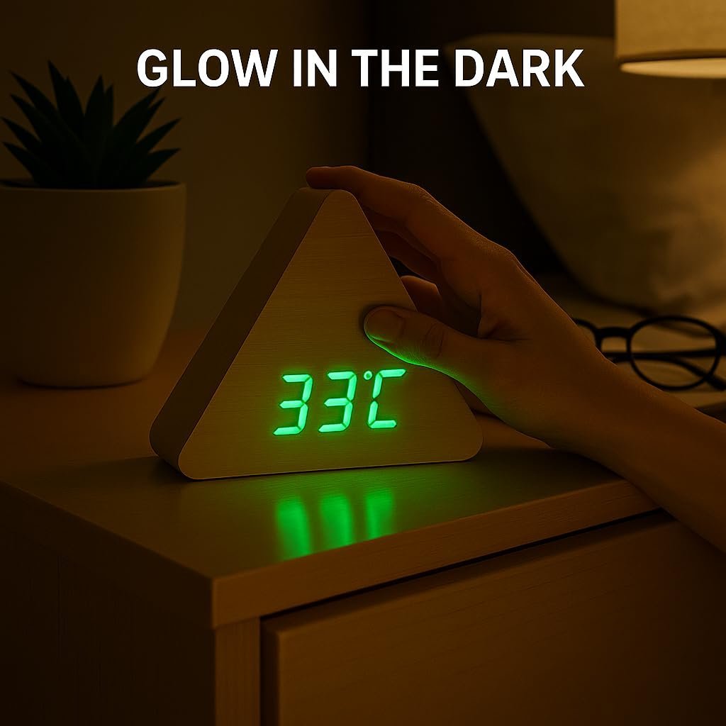 Black Wooden Triangle Digital Alarm Clock with LED Display, Temperature Date Display, Green Numbers, USB Included, Battery Backup for Home & Office - Image 5