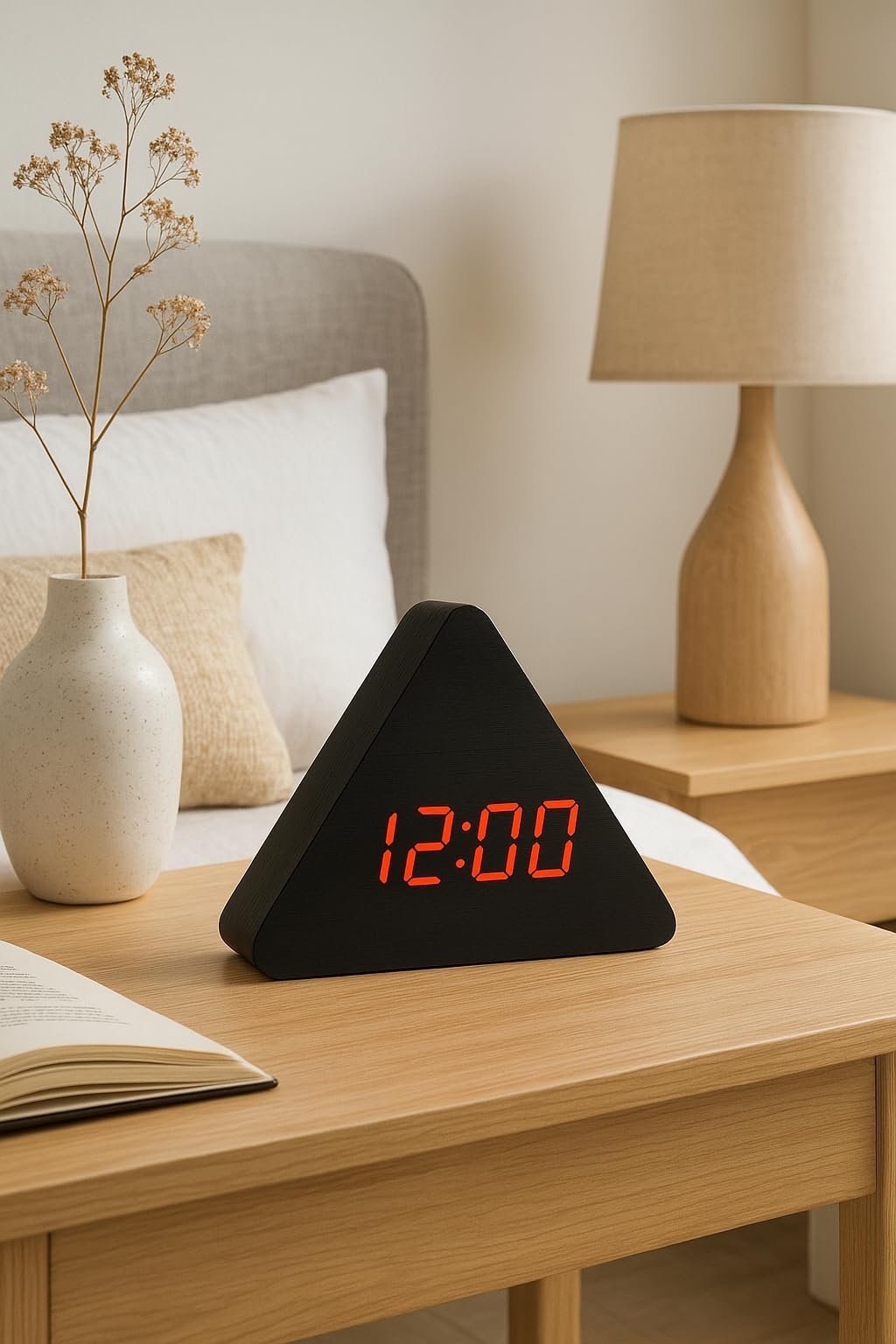 Black Wooden Triangle Digital Alarm Clock with LED Display, Temperature Date Display, Green Numbers, USB Included, Battery Backup for Home & Office - Image 2