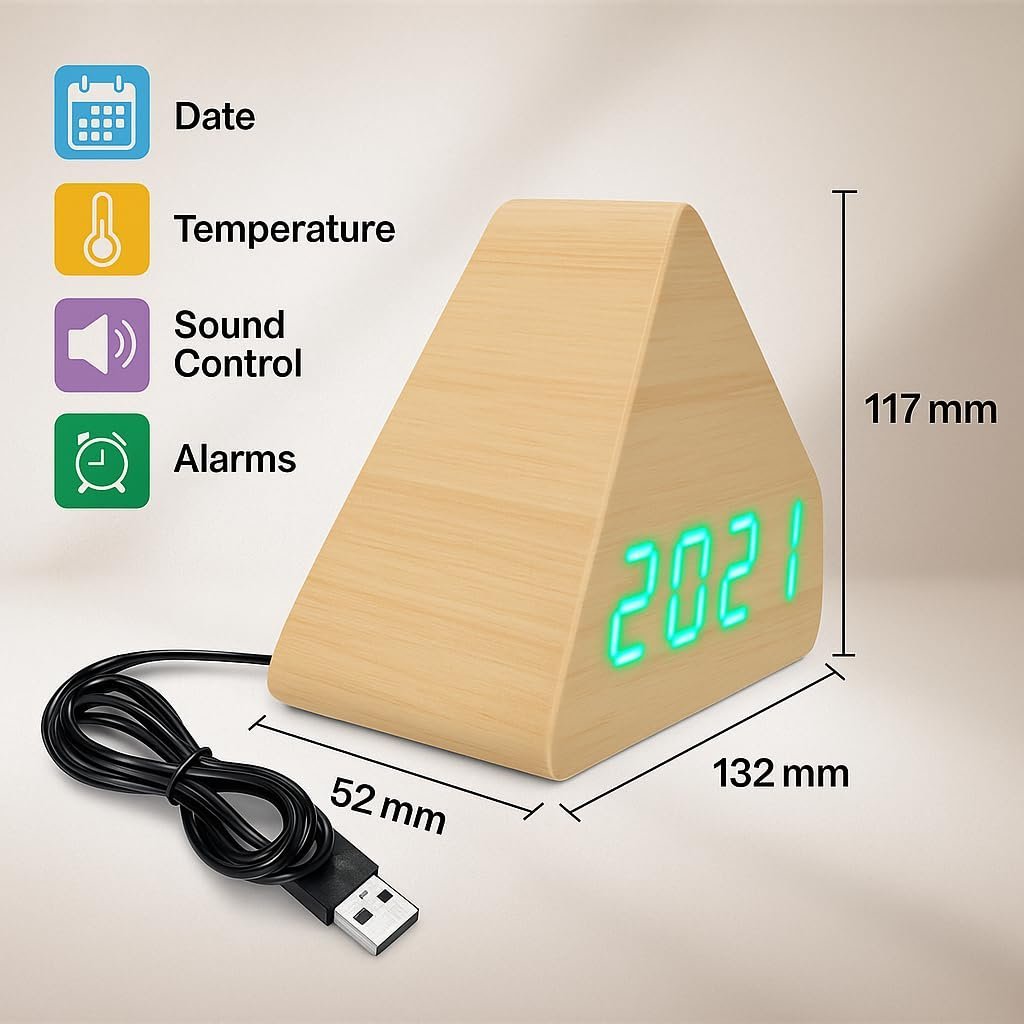 Black Wooden Triangle Digital Alarm Clock with LED Display, Temperature Date Display, Green Numbers, USB Included, Battery Backup for Home & Office - Image 4