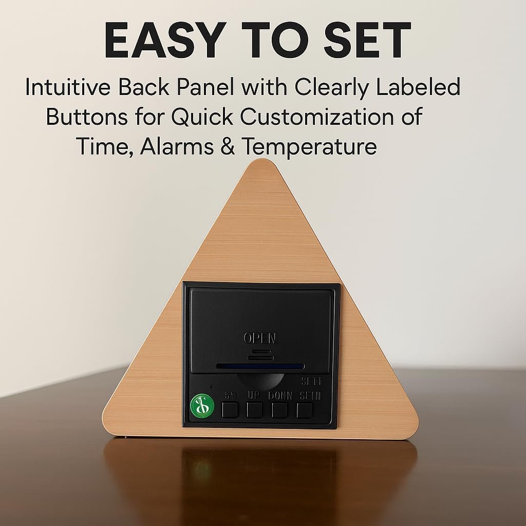 Black Wooden Triangle Digital Alarm Clock with LED Display, Temperature Date Display, Green Numbers, USB Included, Battery Backup for Home & Office - Image 7