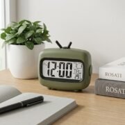 Mini Digital Alarm Clock with LED Display & Room Temperature | Vintage Table Clock | Battery-Operated Bedroom Nightstand, Desk Clock * Car Dashboard Digi Clock (Olive Green)