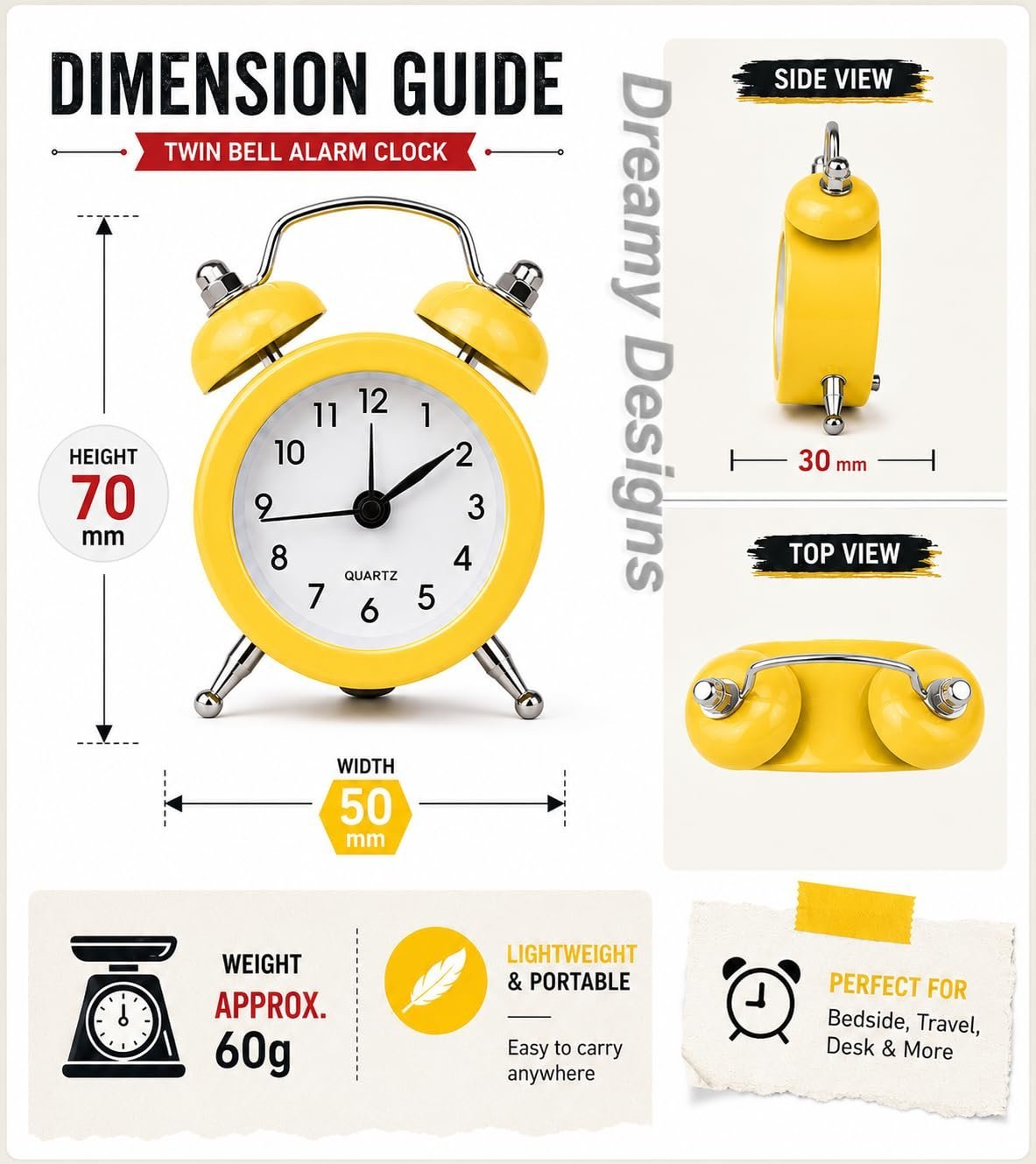 Dreamy Retro Metal Body Cute Small Mini Twin Bell Shaped Alarm Clock with Soft Alaram Sound for Gift, Kids, Students (Sunflower Yellow) - Image 4